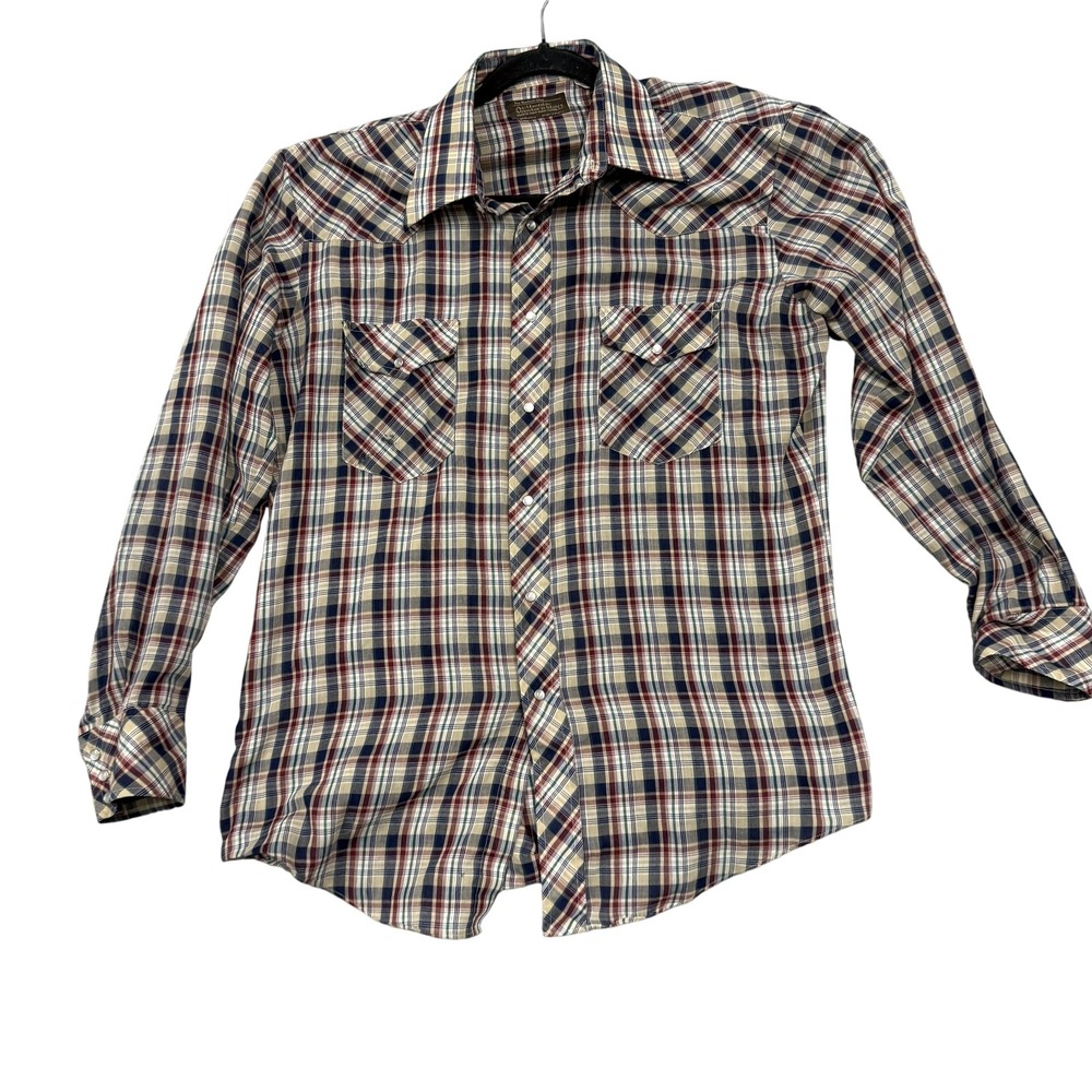 Vintage‎ JC Penney Western Shirt Mens 16.5 34 Plaid Pearl Snap Long Sleeve 70s